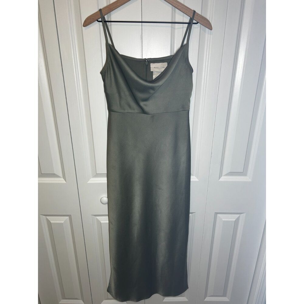 BHLDN Cali Satin Cowl-Neck Midi Slip Dress Moss Green Size 4